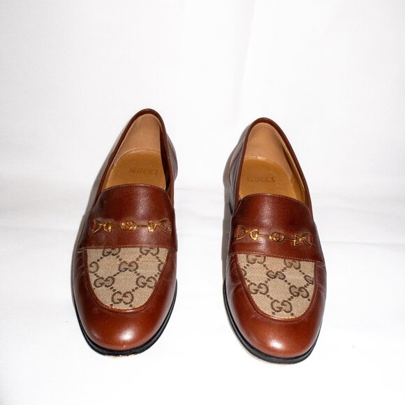 Gucci Leather & GG Logo Canvas Heeled 100 Loafers (IT/EU 38, US 7.5 - 8) - Picture 4 of 16